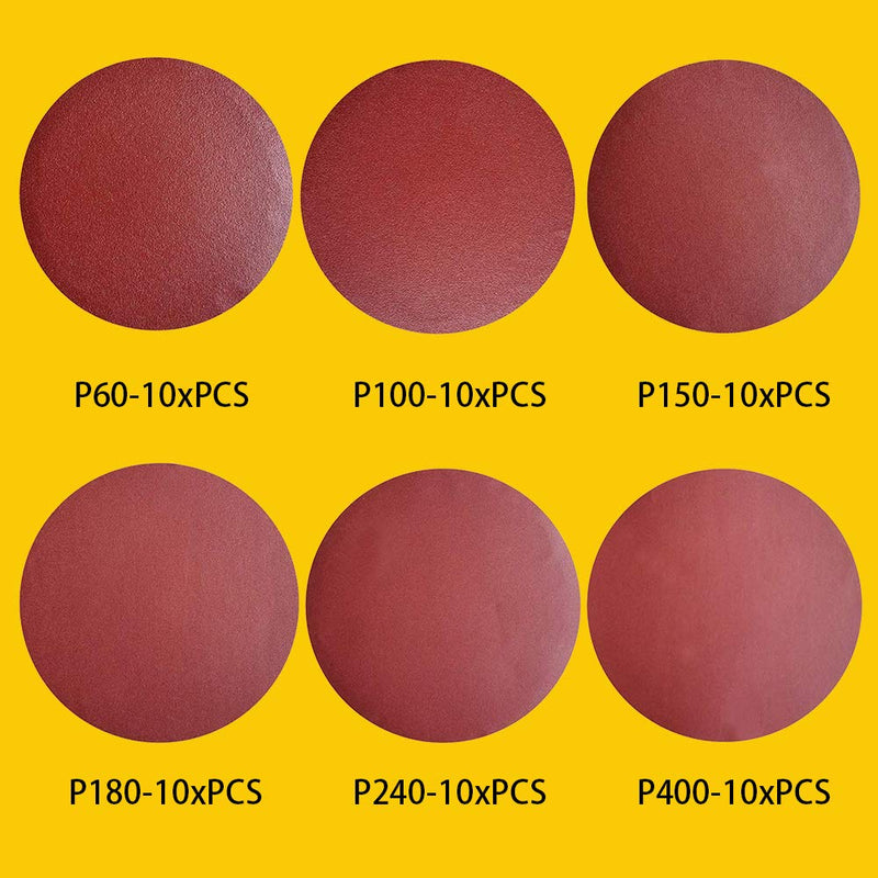 [Australia - AusPower] - 60 PCS 6 Inch NO-Hole PSA Aluminum Oxide Sanding Disc, Self Stick(10 Each of 60 100 150 180 240 400 Grit) 