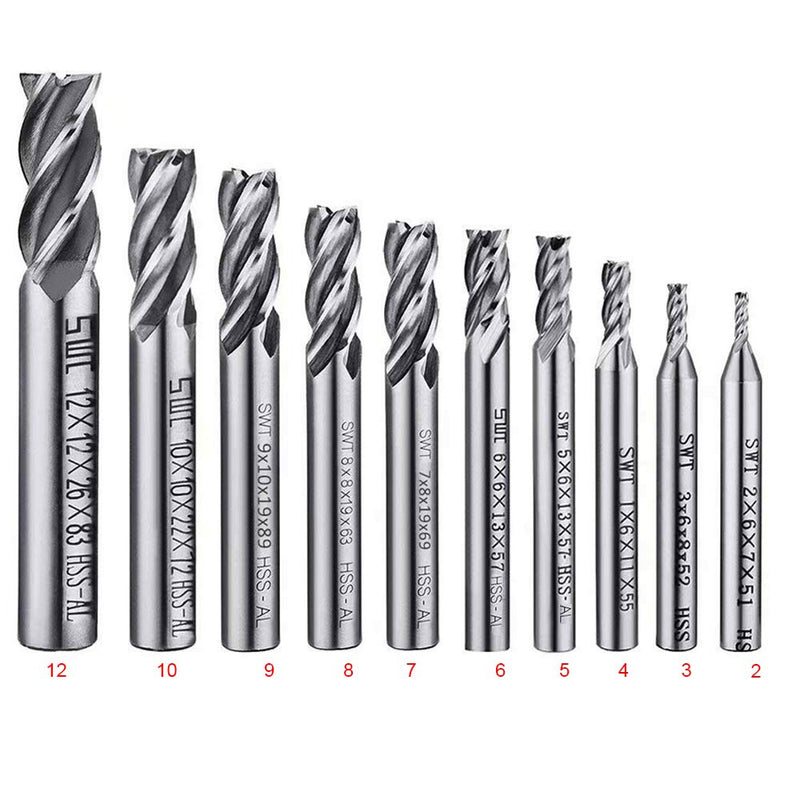 ASNOMY 10pcs 4-Flute End Mill Set, Metric CNC Milling Cutter Drill Bits Router Bits Cutter Tool Set for Wood Aluminum Steel Titanium, Straight Shank 2-12mm 10Pcs 2-12mm