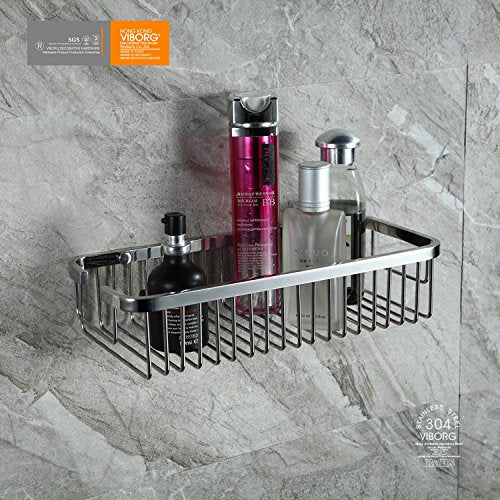 VIBORG Deluxe Solid Thick SUS304 Stainless Steel Wire Wall Mounted Single Tier Bathroom Rectangular Shower Basket Bath Caddy Shelf Organizer Storage Holder for Shampoo Conditioner Polished mirror-like