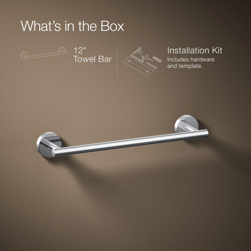 KOHLER K-27288-CP Elate® 12" Towel Bar, Minimalist Design, Premium Durable Metal, Corrosion Resistant, Polished Chrome