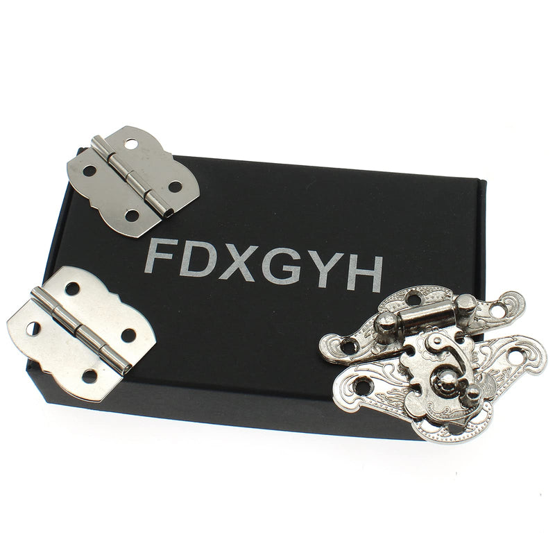 [Australia - AusPower] - 1 Pcs Antique Hasp Latch and 2 Pcs Butterfly-Shape Hinges Decorative Lock Buckle with Matching Screws[FDXGYH,Silver] Silver 