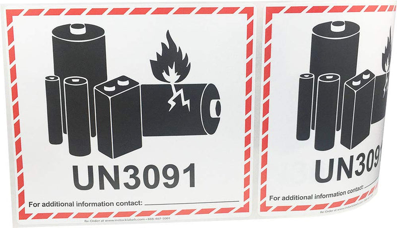 UN3091 Caution Lithium Battery Labels 4.5 x 5 Inch 500 Adhesive Stickers