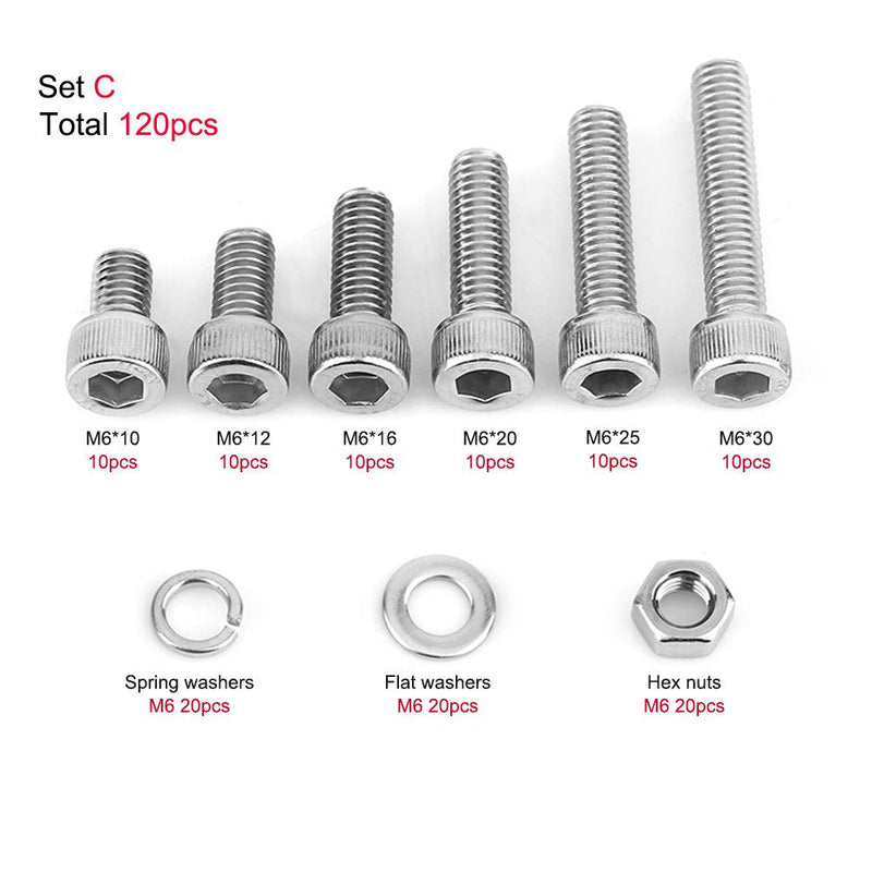 [Australia - AusPower] - 120Pcs M6 Stainless Steel Hex Socket Head Bolts Screws Nuts Washers Assortment Kit Used in The Home and Office Appliance 