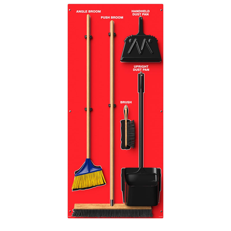 Clean & Sweep 5S Shadow Board/Wall Mount Broom Holder, 68" x 30" Board, 5S Cleaning Station - with Broom and Dustpan Set Included, Made in The USA by AccuformNMC, Red/Black, PSB616RDBK