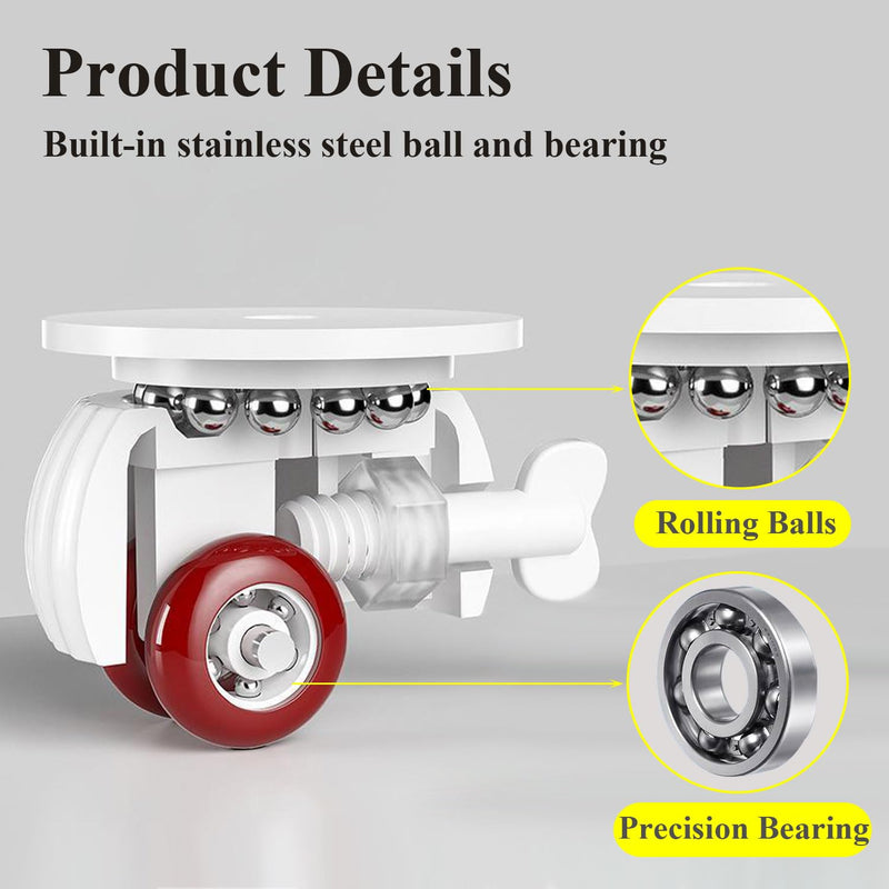 [Australia - AusPower] - 4pcs Self Adhesive Castor Wheels, 360° Universal Swivel Kitchen Appliance Casters, Mini Roller Ball Sticky Pulley Slider with Locking Brake for DIY Small Furniture Trash Can Storage Box Tin Red wheel with brakes 4x White 