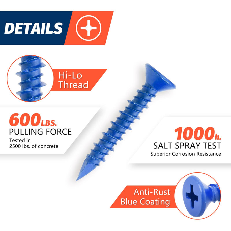 [Australia - AusPower] - 3/16" x 1-1/4" Concrete Screw Anchor, Blue Flat Head Screws for Anchoring to Masonry, Brick, Block, Cement or Stucco (Pack of 80) 3/16" x 1-1/4" 