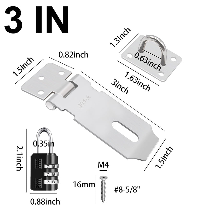 [Australia - AusPower] - 2Pcs Door Locks Hasp Latch,3 Inch 304 Stainless Steel Safety Packlock Clasp Hasp Lock Latch,Hinge Lock Padlock with Screws for Gates,Doors,Cabinets, Closets and More 3 INCH-180° 