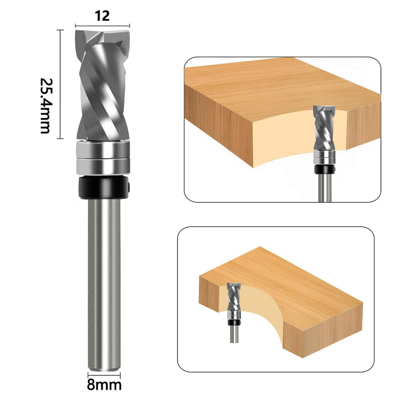 [Australia - AusPower] - Flush Cutter Spiral Cutter 8 mm Shaft - Up & Down Compression Spiral Groove Cutter 12 mm Cutting Diameter 25.4 mm Cutting Length with Double Ball Bearing, Spiral Grooved Router Cutter for Wood Cutters Ø 12mm, NL=25.4 