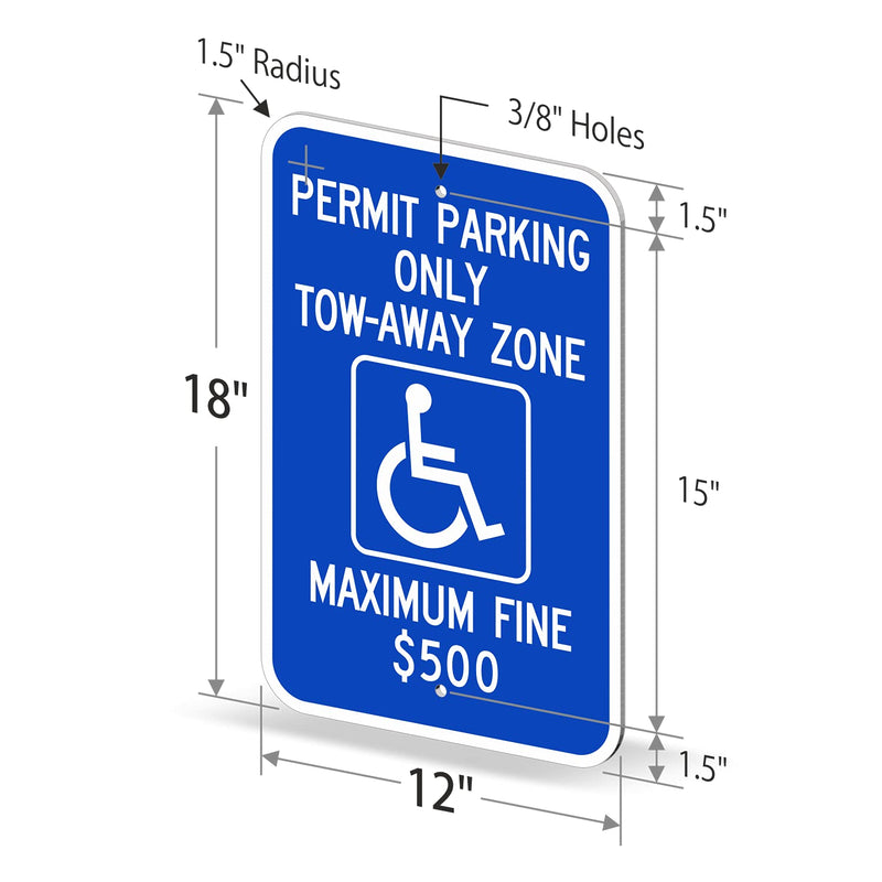 SmartSign "Permit Parking Only - Tow-Away Zone, Max Fine $500" Handicap Parking Sign | 12" x 18" 3M Engineer Grade Reflective Aluminum