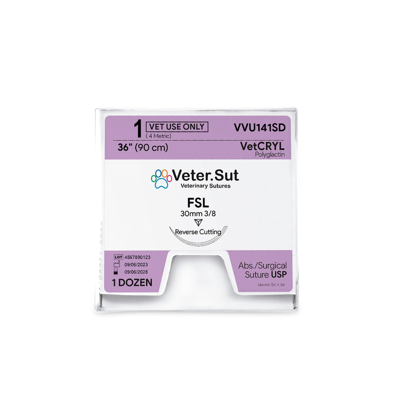[Australia - AusPower] - VeterSut VetCRYL Absorbable Polyglactin Surgical Suture USP Size 1, (FSL) 3/8 30mm Reverse Cutting Needle, 36 Inches (90 cm), 12 Count, Veterinary Use 