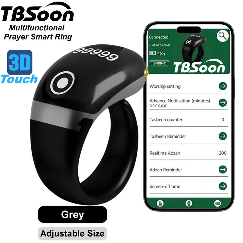 Lightweight Tasbih Smart Ring, Tasbeeh Counters,Prayer Direction Indicator Guide,5 Azan Alarm Clock,Forgiveness,Electronic Rosary,Eid al-Fitr Eid al-Adha Ramadan Gift for men women-Grey Pro with APP Grey Pro