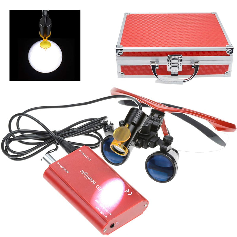 BoNew 3.5X Surgical Binoculars Magnifier Optical Glass 5W LED Headlight Powerful with Clip On Filter Aluminum Box (Red)