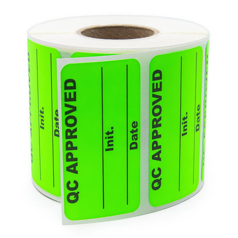 QC Approved Quality Control Labels, 2" x 1", Bright Green, 500 Labels per Roll, Permanent Adhesive for Inspection & Inventory Use