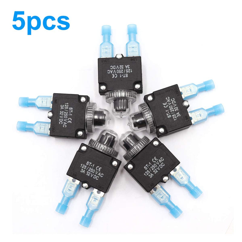 [Australia - AusPower] - mxuteuk 5Pcs 3Amp Circuit Breakers Push Button Manual Reset 125/250V AC 32V DC,Overload Protector Switch Thermal Circuit Breakers with Quick Connect Terminals and Waterproof Button Caps ST1-5-3A 3A 