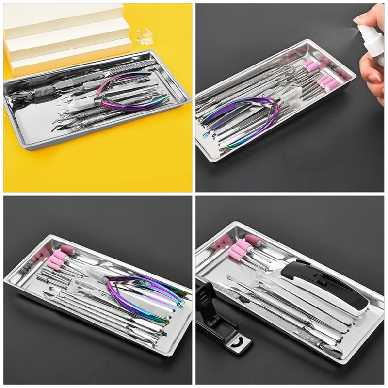 OUNONA Disinfectant Tray Stainless Steel 19.8 x 9.3 Inch Metal Tray for Manicure and Beauty Salon Tools Sterilisation Organiser