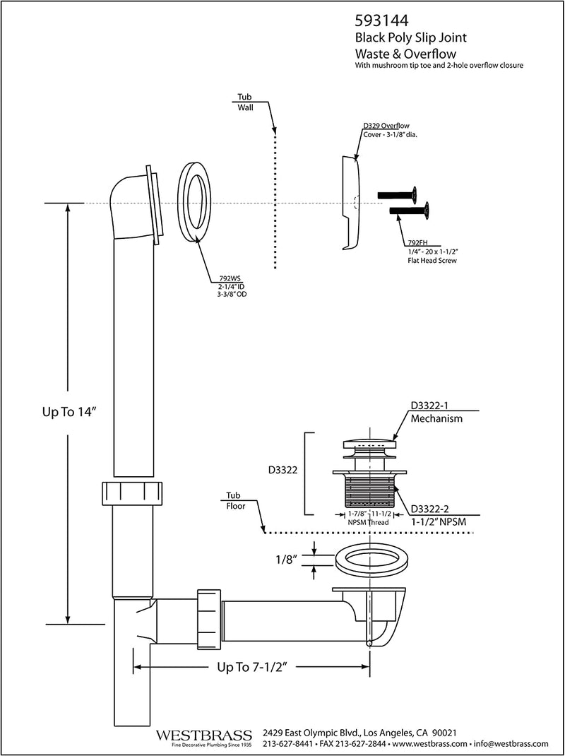 Westbrass 593144-01 Black 1-1/2" Tubular Tip-Toe Bath Waste Drain Kit, Polished Brass 1-Pack