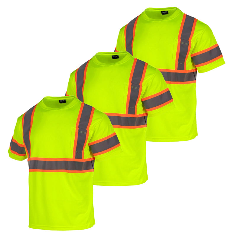 High Visibility T Shirt for Men ANSI Class 2, Hi Vis Reflective Safety Short Sleeve Work Shirts with Pocket X-Large Yellow-3pcs