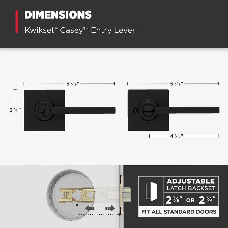 Kwikset Casey Entry Door Handle with Lock and Key, Secure Keyed Reversible Lever Exterior, For Front Entrance and Bedrooms, Matte Black , Pick Resistant Smartkey Rekey Security and Microban 1 Pack Keyed Entry