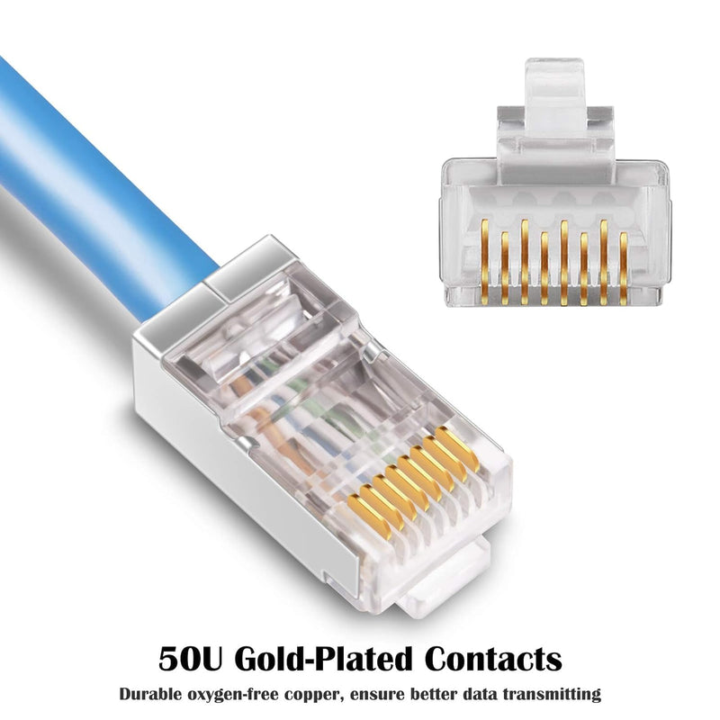 iGreely Shielded Cat6 RJ45 Connectors 100 Pack Gold Plated RJ45 Cat6/Cat5E/Cat5 8P8C 50 Micron 50u 3 Prong FTP STP Ethernet Cable Crimp Modular Plug