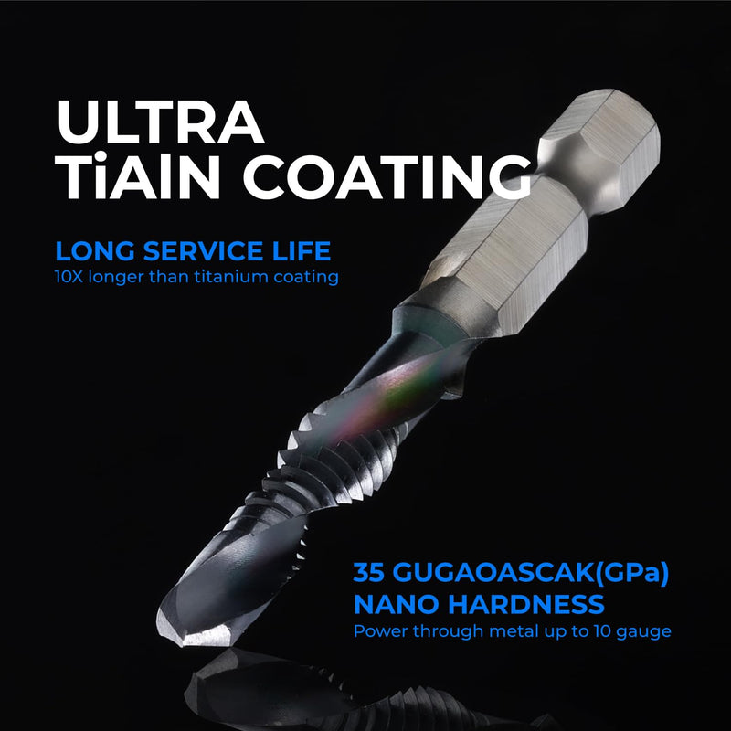 Kraftek SAE(6-32NC - 1/4-20NC) & Metric (M3-M10) 12pcs Combination Drill and Tap Bit Set, Ultra TiAlN Coating M2 Drill Tap Set for One-Step Drilling, Tapping, and Deburring Metric&SAE Set (12pcs)