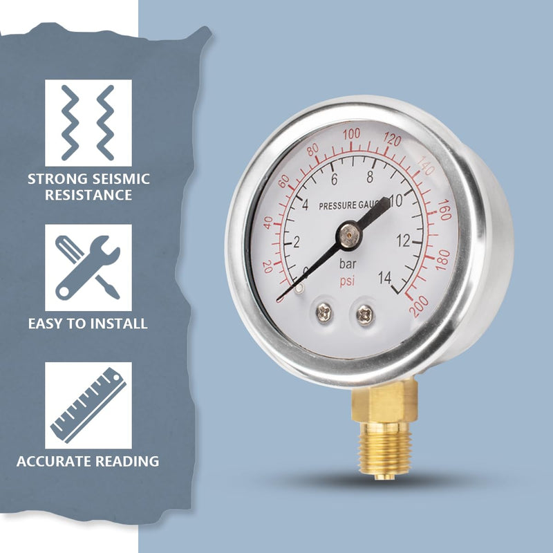 [Australia - AusPower] - Innfeeltech 1-Pcs 40 mm Pressure Gauge BSP 1/8 Inch 0-14 Bar 0 ~ 200 Psi with 3 Pieces Socket 1/8 Inch to 1/4 Inch, 1/8 Inch to 3/8 Inch and 1/8 Inch to 1/2 Inch and Teflon Tape, Radial 40MM, 14bar(200psi) 