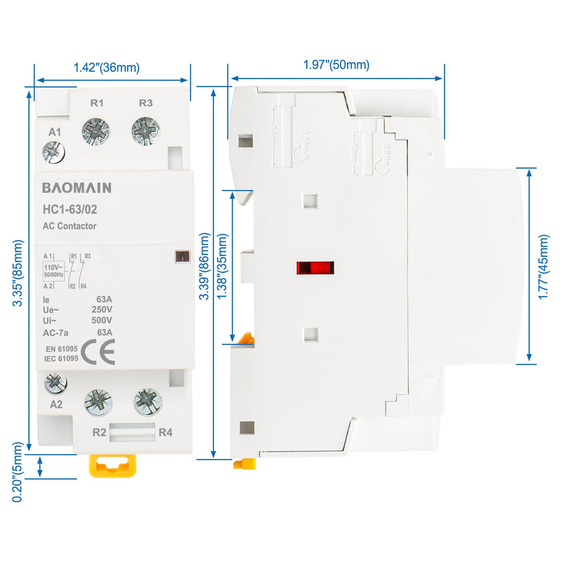 [Australia - AusPower] - Baomain Normally Closed AC Contactor HC1-63/02 AC 110V 63A 2 Pole 2NC Universal Circuit Control DIN Rail 