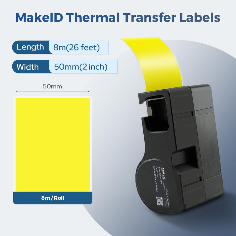 [Australia - AusPower] - MakeID D50 All-Weather PET Label Cartridge for Indoor/Outdoor Component and Equipment Labeling, Safety Identification, Asset Tracking, Electrical Labeling - for D50 Label Printer Yellow 1.97"W x 26.2ft L (Continuous) 