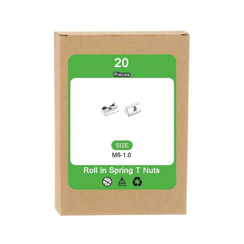 [Australia - AusPower] - uxcell 20Pcs M6 T Nuts Roll in Spring, T Nut with Spring Sheet Carbon Steel Nickel Plated for 3030/4040 Series Slot Aluminum Profile M6-1.0x20x12.5x6.8mm 20 