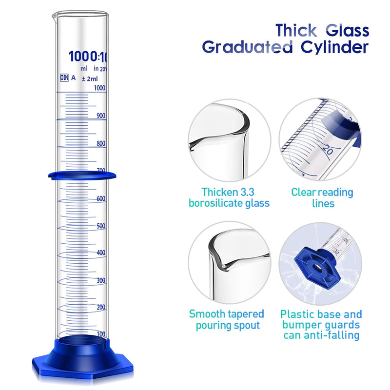 Thick Glass Graduated Cylinder Measuring Liquid Lab Cylinders with Anti-falling Plastic Base and Bumper Guard (glass, 1000ML)