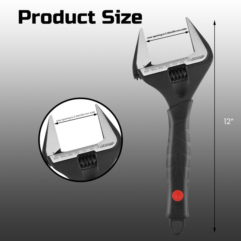 Lichamp 12-Inch Wide Jaw Adjustable Stubby Wrench with 60 mm Jaw Opening for Plumbing Automotive and Industry, Black Medium