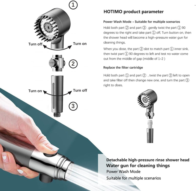 Shower Drops Head Filtered Showerhead With Five Filters,Filtered Shower Head With Handheld,High Pressure Turbo Showerhead,Reusable,Adjustable Settings With Hose4-piece set