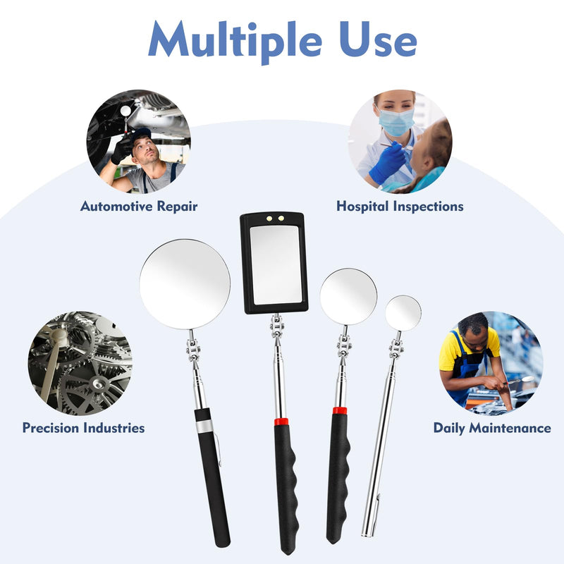 [Australia - AusPower] - 4 Pcs Telescoping Mirrors, LED Lighted Inspection Mirror Telescoping, 360 Rotation Mechanic Mirror Extendable, Flexible Telescopic Mirrors Tool for Checking Vehicle Observing Small Parts 
