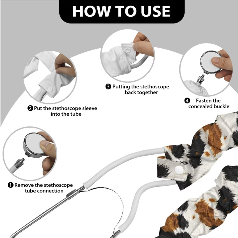 [Australia - AusPower] - LedBack Cow Print Stretchy Stethoscope Covers Four Piece Universal Fit Stethoscope Decorative Sleeve Replaceable Stethoscope Accessories Sleeve for Doctors Nurses 