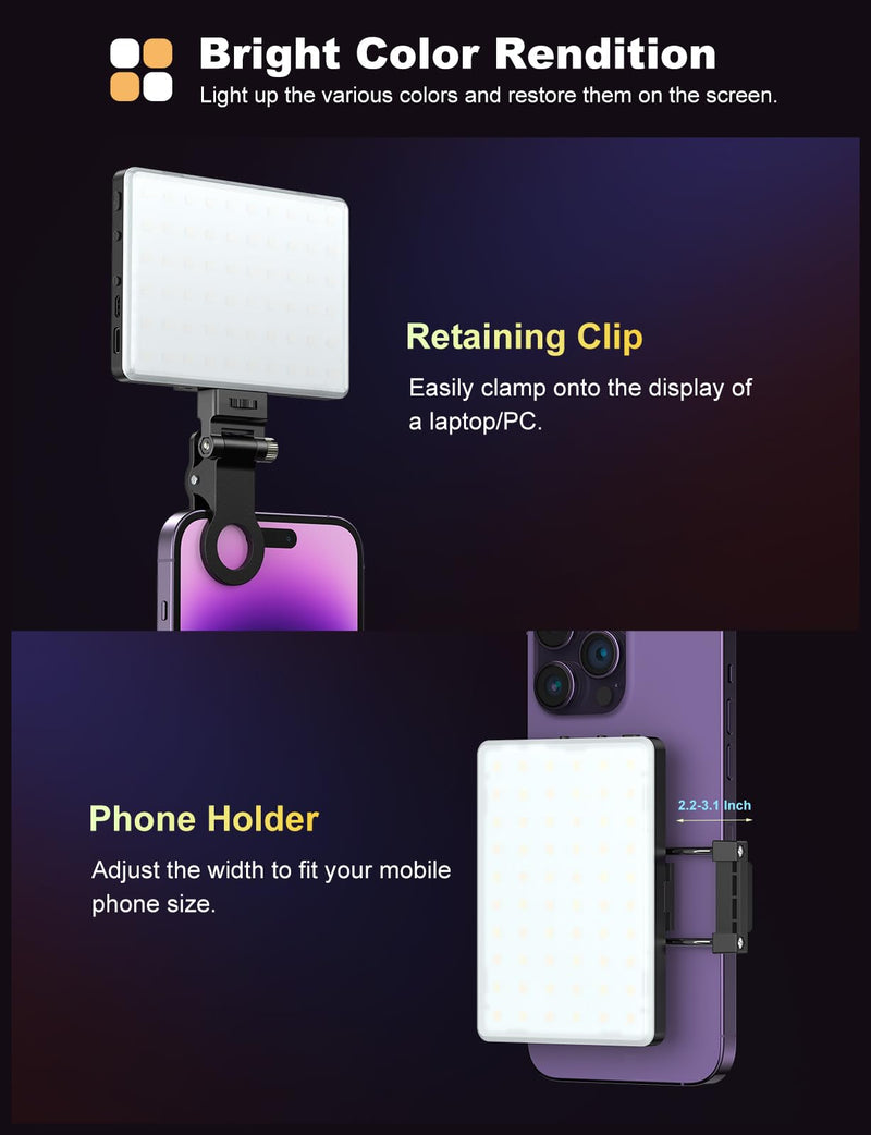 [Australia - AusPower] - 60 LED Selfie Light, Clip-on Rechargeable Phone Light with CRI 95+, 3 Color Temperatures, 10 Brightness Levels, Portable Video Light for Makeup, Selfies, TikTok, Vlog, Video Conference, Live Stream Black 