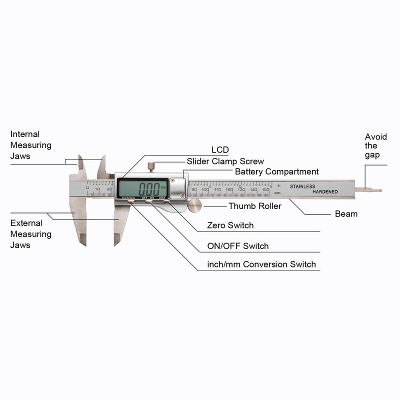 [Australia - AusPower] - All-Metal Digital Caliper 0-6"Measuring Tool, Micrometer Caliper with Auto-Off Feature, Interchangeable Between inches and millimeters for DIY/Household and 3D Printing 6" Stainless Steel 