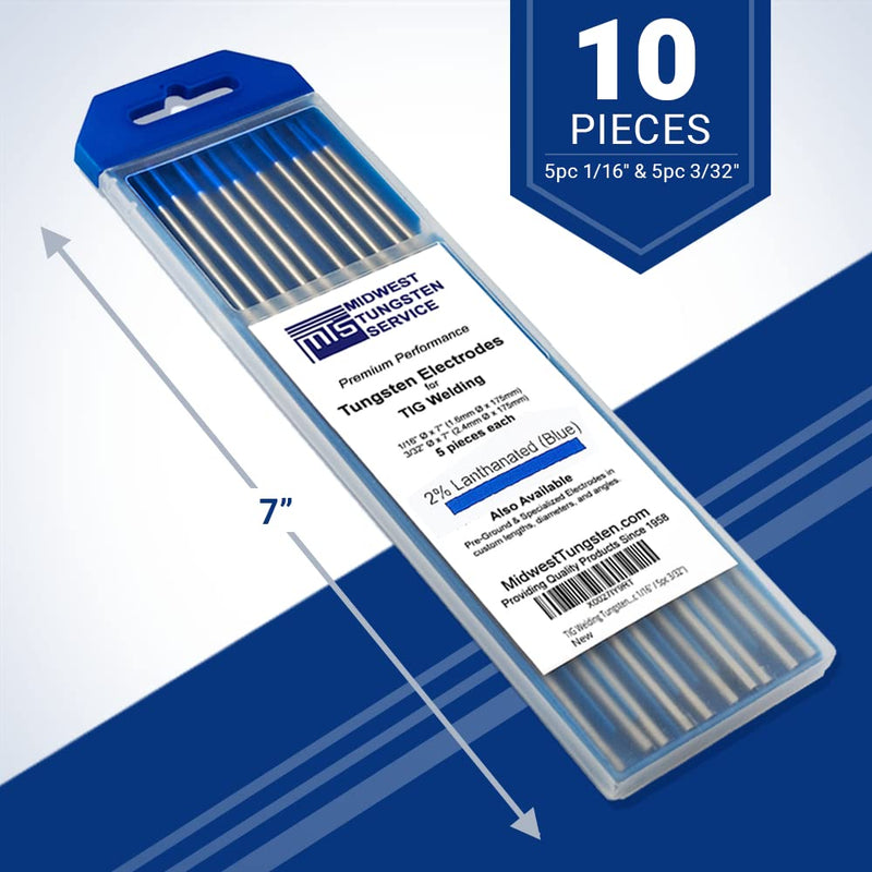 Midwest Tungsten Service TIG Welding Tungsten Electrodes 10-Pack (Blue - 2% Lanthanated (WL20/EWLa-2), 5pc 1/16" & 5pc 3/32") Blue - 2% Lanthanated 5pc 1/16" & 5pc 3/32"