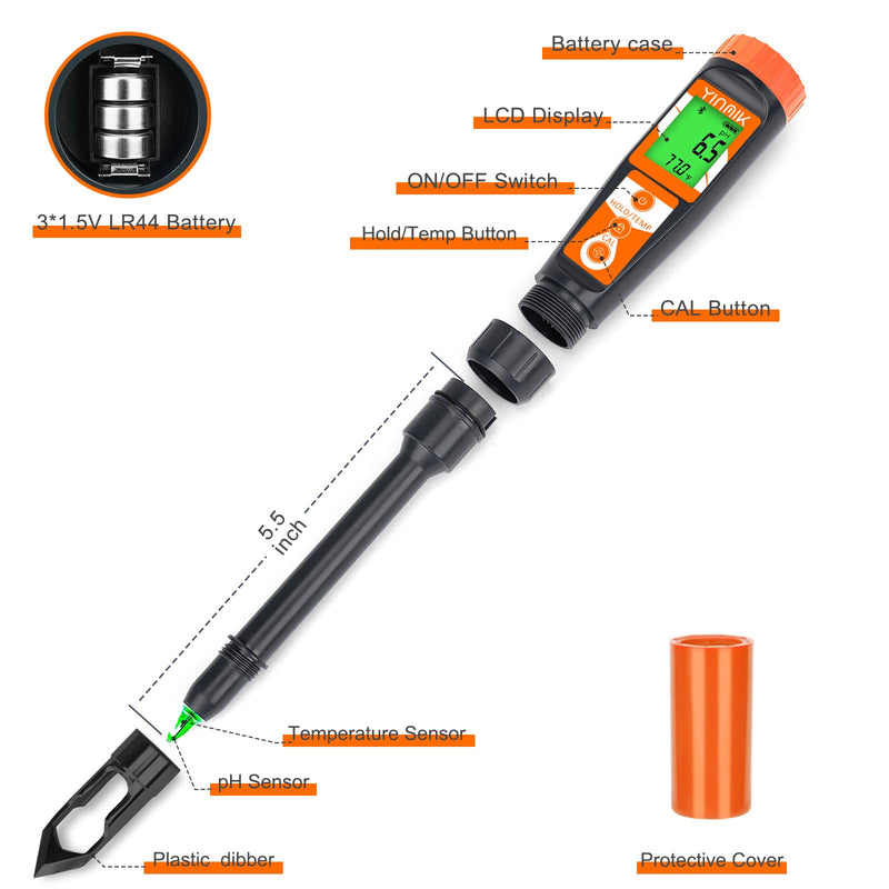 Digital pH Meter for Soil, Soil pH Tester for Potted Plants, Professional pH Reader for Soil and Water, Electronic Soil pH Test Kit for Garden, Lawn, Greenhouse, Indoor & Outdoor, Farming, Yard Use Orange Soil pH Meter