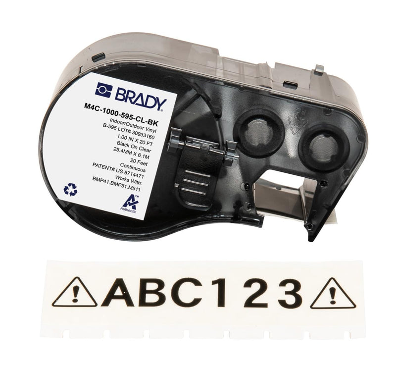 Brady Authentic (M4C-1000-595-CL-BK) All-Weather Permanent Adhesive Vinyl Labels 1 in W x 20ft Black on Clear. for use with BMP41, BMP51, M410, M510, and M511 Label Printers.