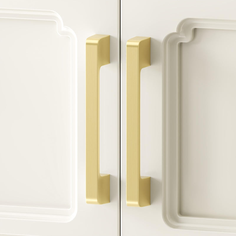 Rergy Cabinet Pulls Kitchen Handles for Cabinets, 5Pack Gold 5inch Hole Center, Square Drawer Hardware Zinc Alloy Dresser Handle for Cupboard 5"/128MM Hole Center Brushed Gold