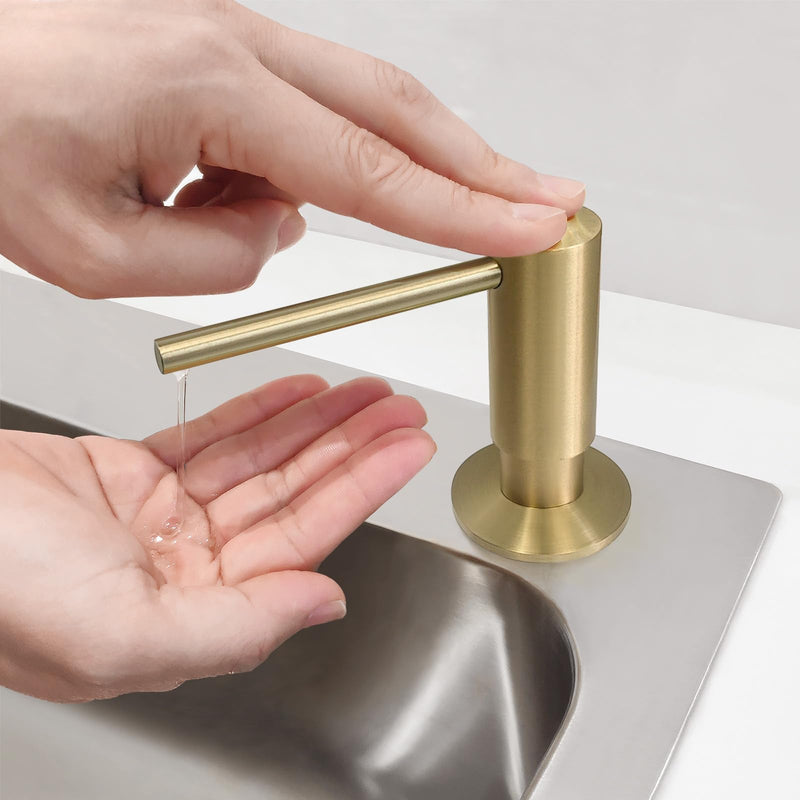 EADOT Brushed Gold Built in Dish Soap Dispenser for Kitchen Sink with 17 OZ PET Soap Bottle Refill from The Top, Under Counter Brass Pump Head Liquid Lotion Dispenser, Undermount Copper Pump Head