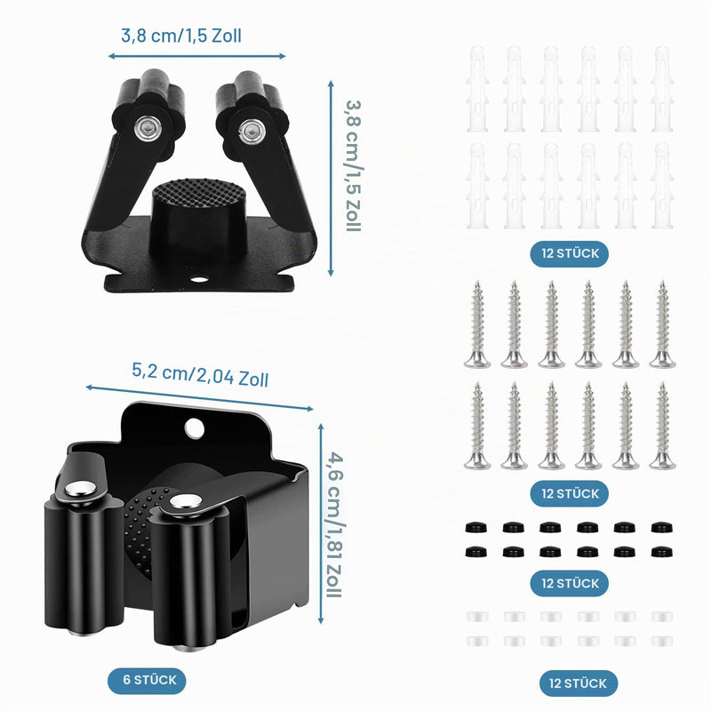 6 Piece Tool Holder Set, Stainless Steel Broom Holder Wall | With strong clamping effect, stable and non-slip, garden tool holder, wall mount for mop, broom, shovel, tools 6 Black