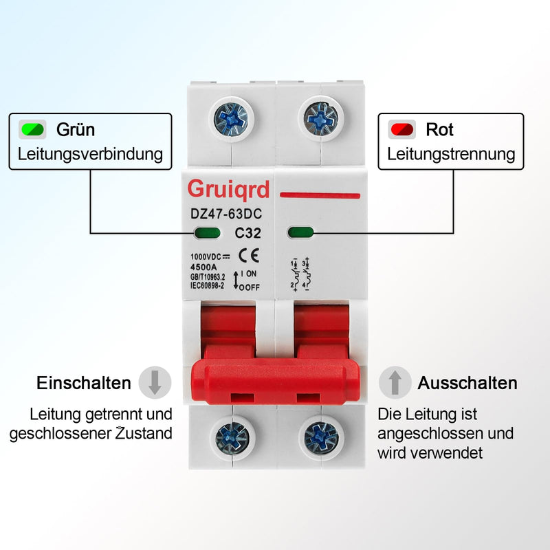 [Australia - AusPower] - Pack of 2 Pv Circuit Breaker DC 1000V 32A 2-Pin DZ47-C32 Solar Circuit Breaker Isolator Circuit Breaker Circuit Breaker for Photovoltaic Systems 