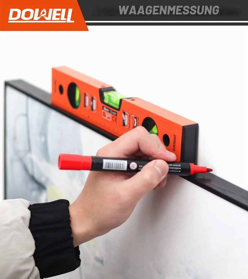 DOWELL Magnetic Spirit Level with Metric Scale 300 mm/12 Inches, 3 Different Levels - 45°/90°/180°