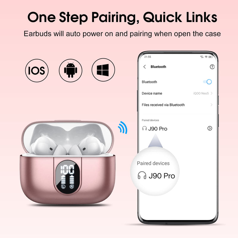[Australia - AusPower] - Wireless Earbuds, 2024 Bluetooth Headphones 5.3 HiFi Stereo Earphones, 40H Playtime in-Ear Earbud, Bluetooth Earbud with Dual Mic Call, IP7 Waterproof Earphones Sport Headset for iOS Rose 