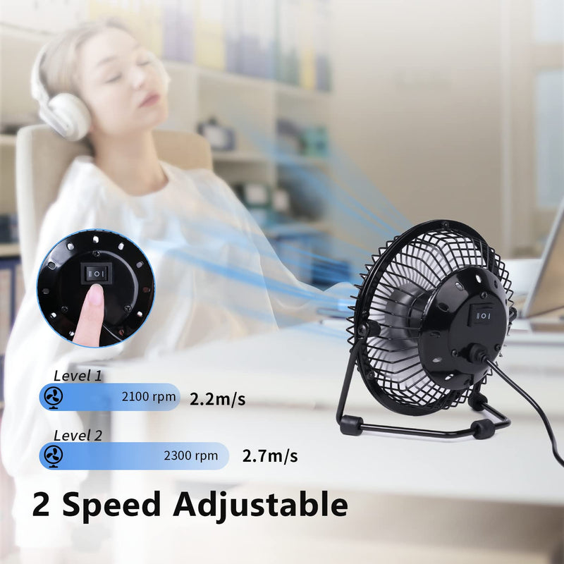[Australia - AusPower] - Zuvas Desk Fan Quiet Small USB Fan 360° Rotation Portable Table Fan 2 Speed Mini Personal Fan Air Cooling Electric Fan for Home Office Bedroom Travel Camping, 4 inch Black 