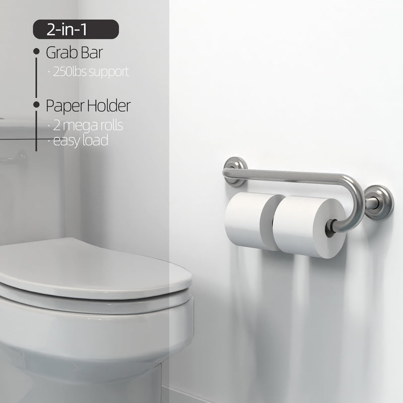 Grab Bar with Integrated Toilet Paper Holder for 2 Mega Rolls (Kitchen Paper Towel Holder or Bathroom Towel Bar), 16in Stud Mount, 250lbs Weight Support, Rustproof (Right, Brushed Nickel) Right