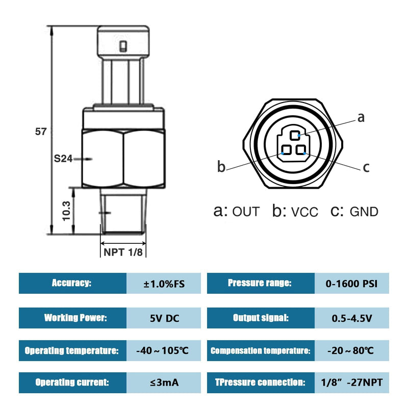 [Australia - AusPower] - FUSCH 1600 PSI Pressure Transducer Sensor with Connector Harness, 1/8"NPT Thread Stainless Steel Pressure Transmitter for Oil Fuel Water Air 