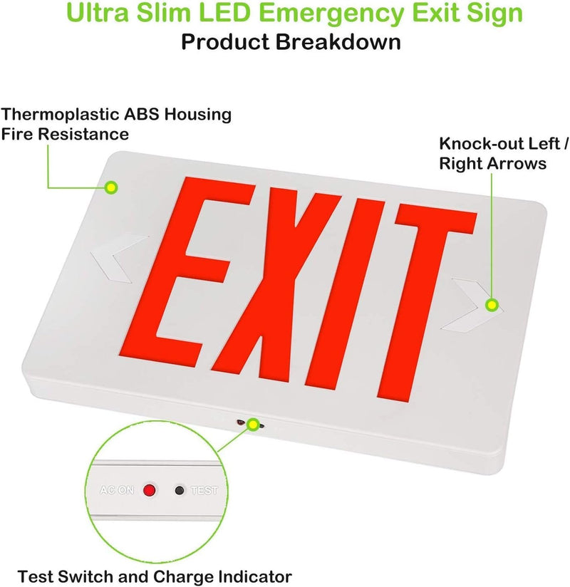 Ultra Slim LED Exit Sign, Red Letter Emergency exit Lights, 1.6W, 10lumens Universal Mounting Double Face (1-Pack)