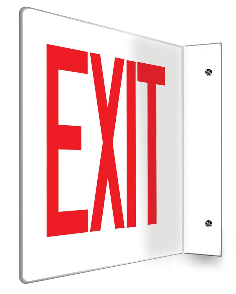 Accuform PSP221 Projection Sign 90D, "EXIT", 8" x 12" Panel, 0.10" Thick High-Impact Plastic, Pre-Drilled Mounting Holes, Red on White