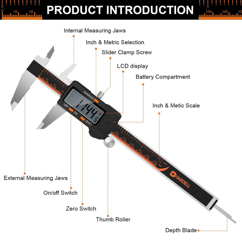 [Australia - AusPower] - HARDELL Digital Caliper 150 mm, Calliper Digital Stainless Steel with LCD Display, Digital Caliper with Inch and Millimetre Conversion, Household & Industrial Measuring Tool with 2 Replacement A-150MM 